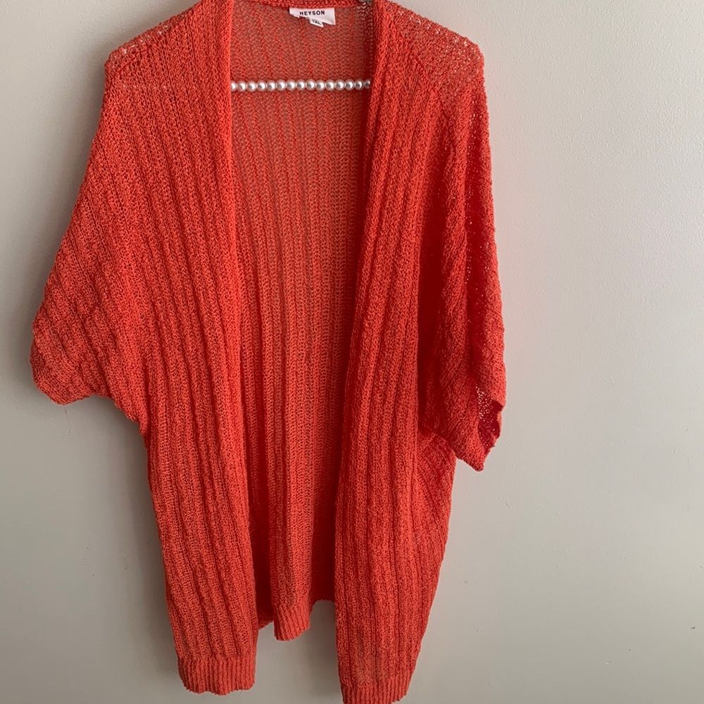 Heyson Cardigan 1XL Womens Orange Crimson Coming Through Open Knit Short Sleeve